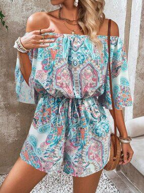 Women's Floral Print Off Shoulder Flared Sleeve Jumpsuit